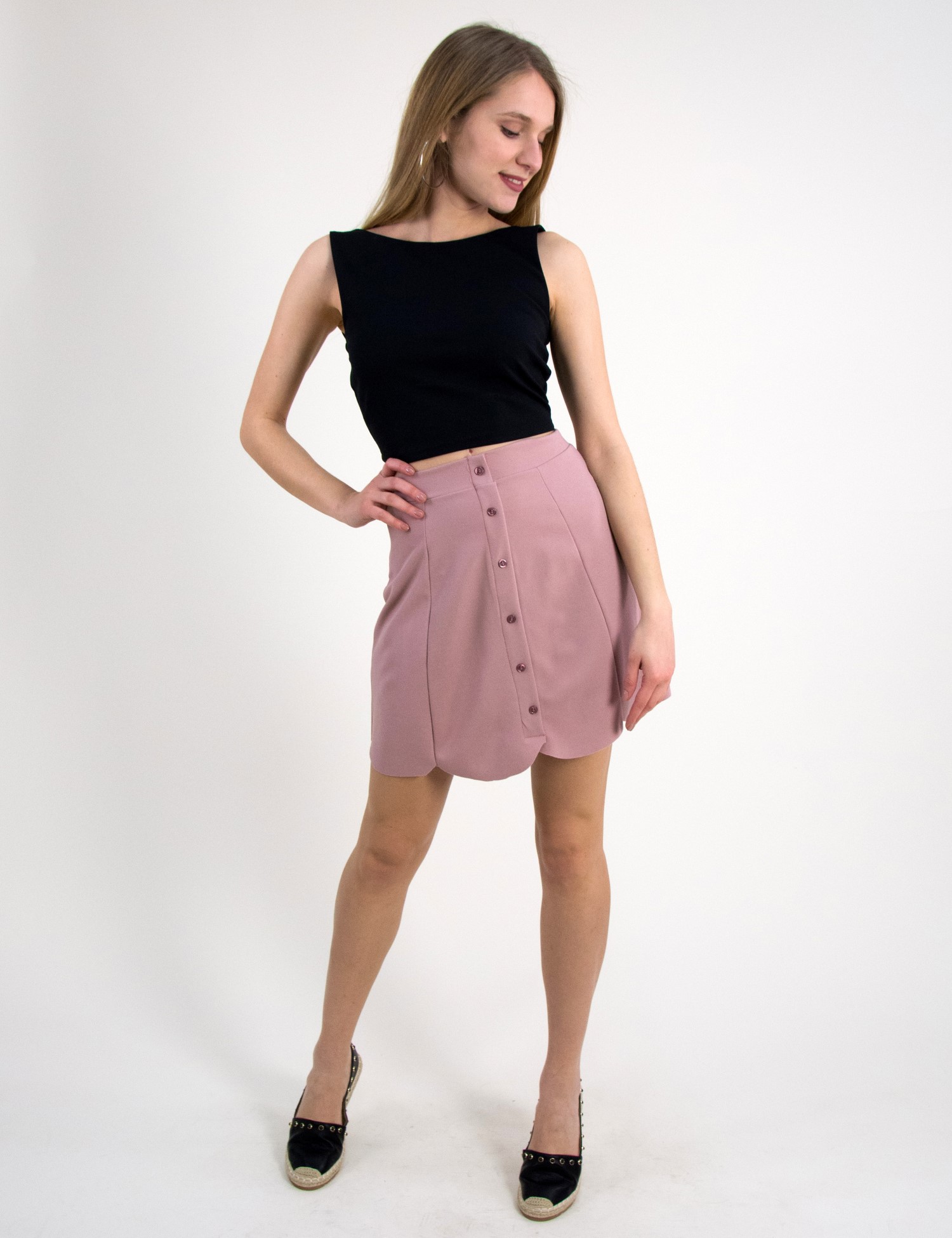 Γυναικεία μίνι υφασμάτινη φούστα So Sexy ροζ με κουμπά 12620F